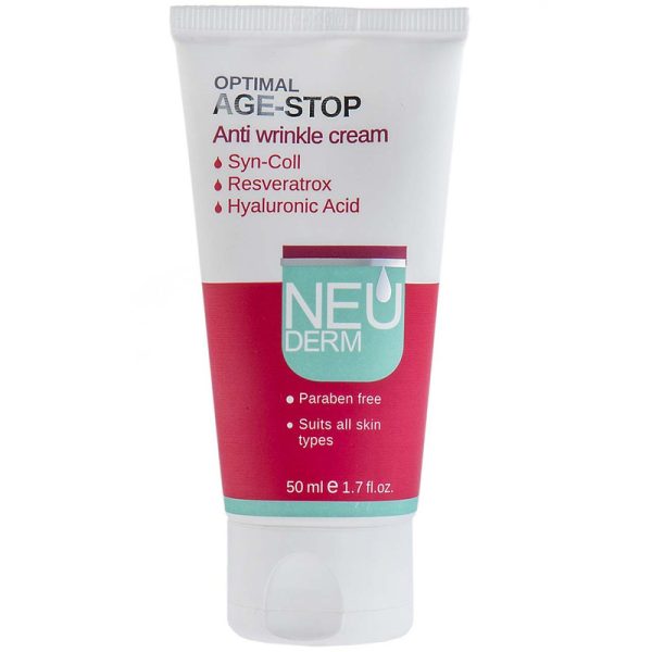 کرم ضد چروک نئودرم مدل Optimal Age-Stop کرم ضد چروک نئودرم مدل Optimal Age-Stop با تکیه بر سه ماده رسوراتروکس، سین کول و هیالورونیک با نشانه های پیری پوست مانند شل شدن و چین و چروک مقابله می کند.