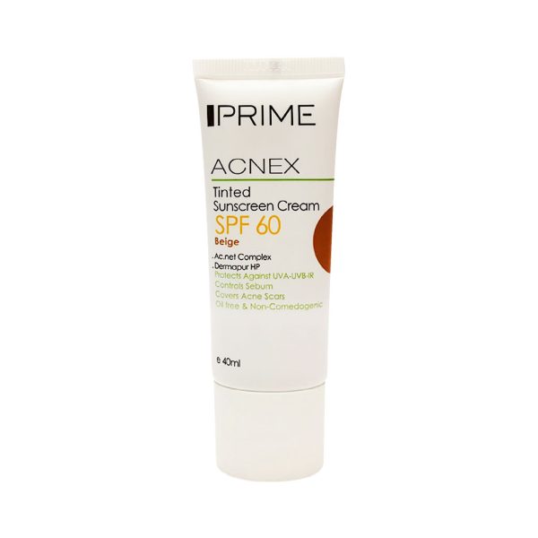Prime-Acnex-Sunscreen-Cream-SPF60-40-ml کرم ضد آفتاب رنگی SPF60 فاقد چربی پریم محصول با ساختاری سبک و ابریشمی است که ضمن کنترل ترشح سبوم، به طور موثری از پوست چرب در برابر آفتاب محافظت می کند.