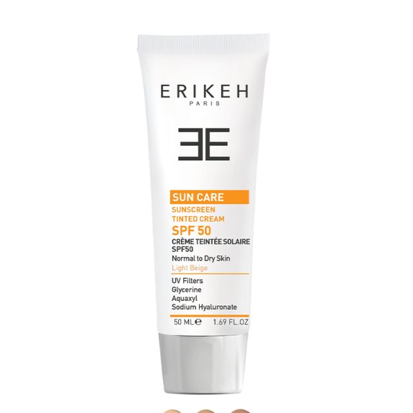 کرم ضد آفتاب رنگی SPF50 اریکه مناسب پوست خشک و نرمال بدون بر جای گذاشتن حس چربی روی پوست، از آن در برابر اشعه مضر خورشید محافظت می‌کند.