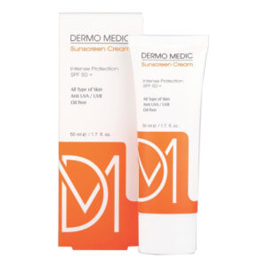 کرم ضد آفتاب بی رنگ فاقد چربی درمو مدیک SPF50 انواع پوست حجم 50 میلی لیتر